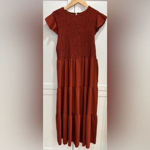 Summer Casual Flutter Crew Neck Smocked Elastic Waist Tiered Midi Dress